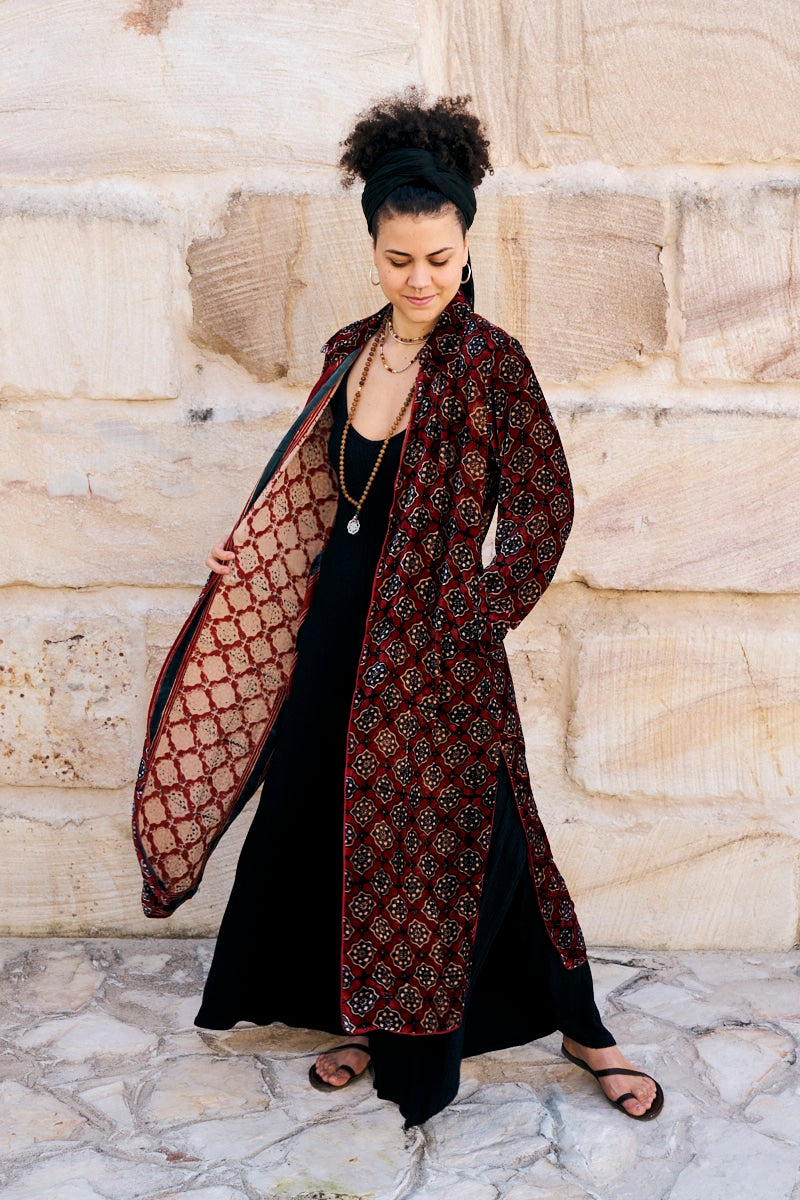Womens, Odessa Silk Velvet Coat, hand block print, full body length with pockets, Tazia