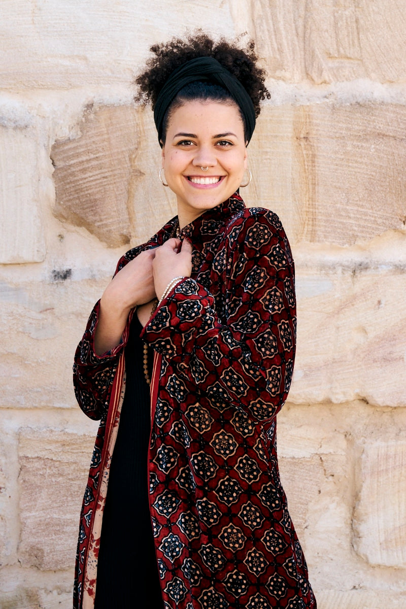 Womens, Odessa Silk Velvet Coat, hand block print, full body length with pockets, Tazia