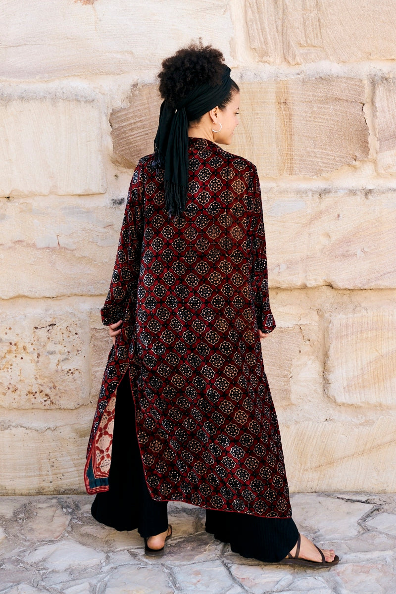 Womens, Odessa Silk Velvet Coat, hand block print, full body length with pockets, Tazia