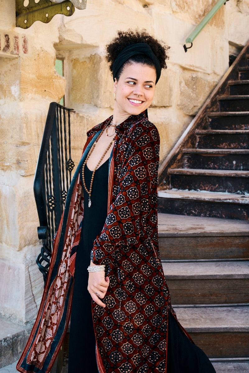Womens, Odessa Silk Velvet Coat, hand block print, full body length with pockets, Tazia