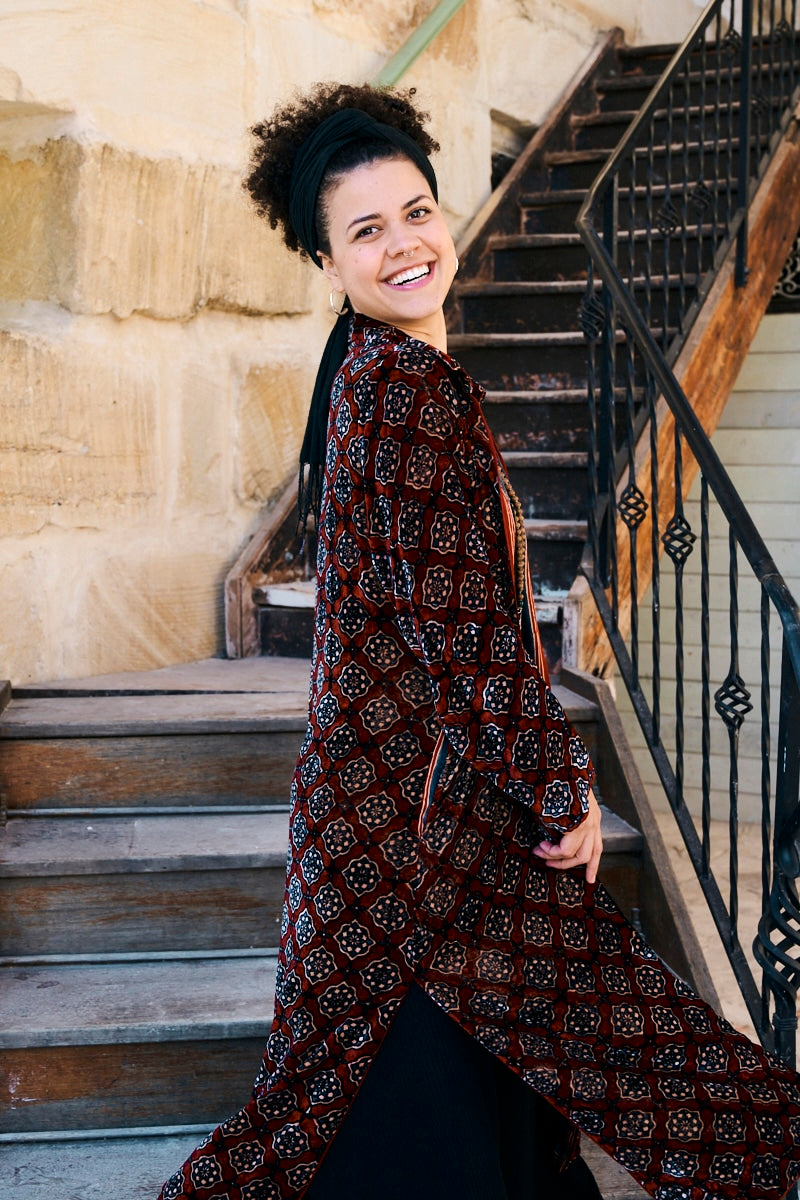 Womens, Odessa Silk Velvet Coat, hand block print, full body length with pockets, Tazia