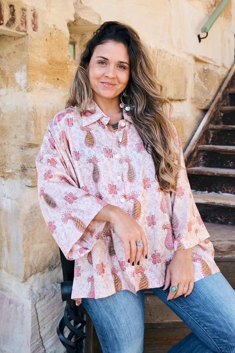 Womens, Vintage Sari Amira blouse - silk - soft pink paisley - Alina