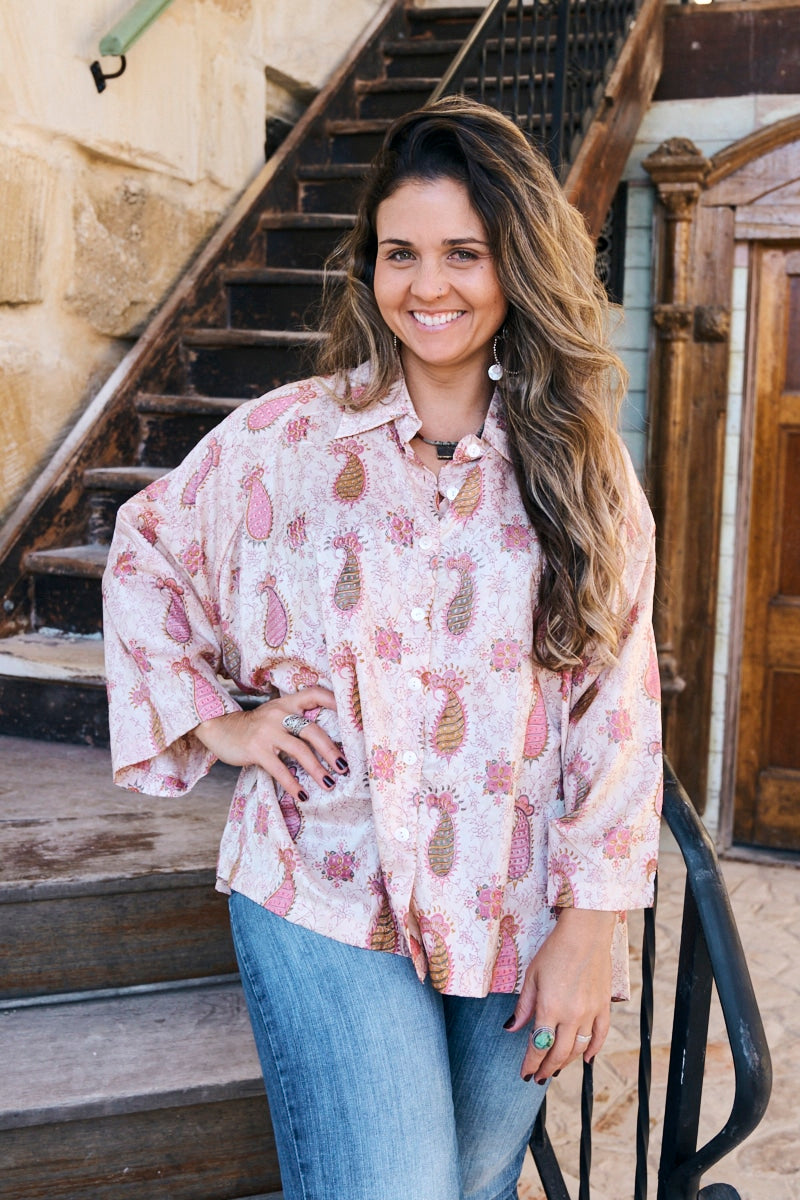 Womens, Vintage Sari Amira blouse - silk - soft pink paisley - Alina