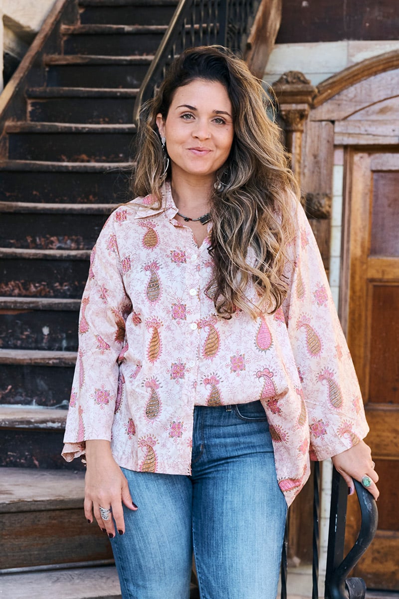 Womens, Vintage Sari Amira blouse - silk - soft pink paisley - Alina
