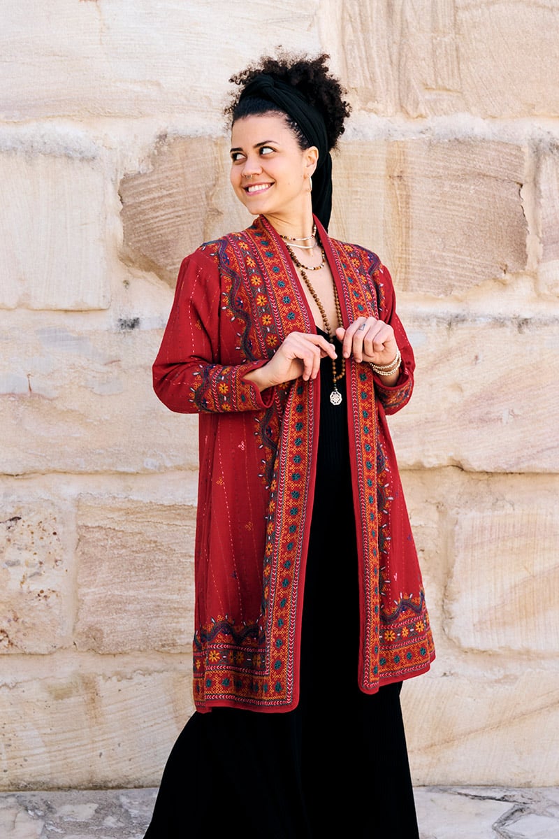 Womens Persian Luxe Coat, hand embroidered, red cranberry