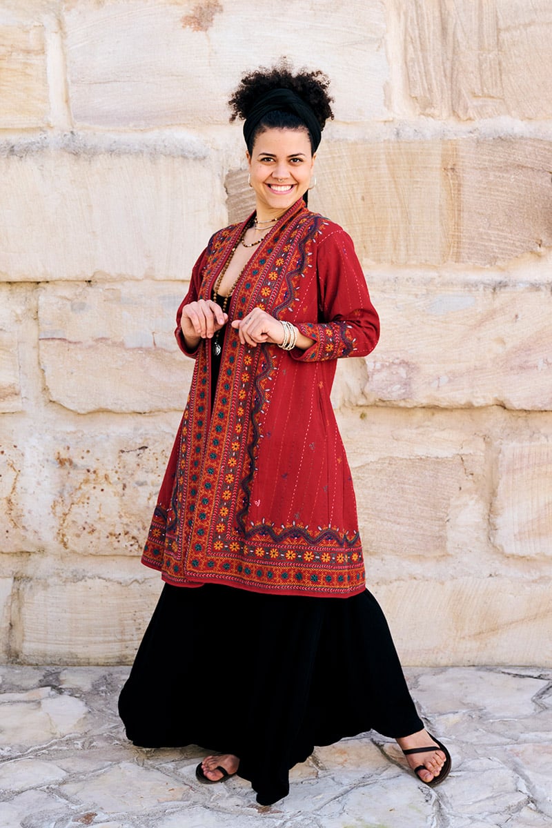 Womens Persian Luxe Coat, hand embroidered, red cranberry