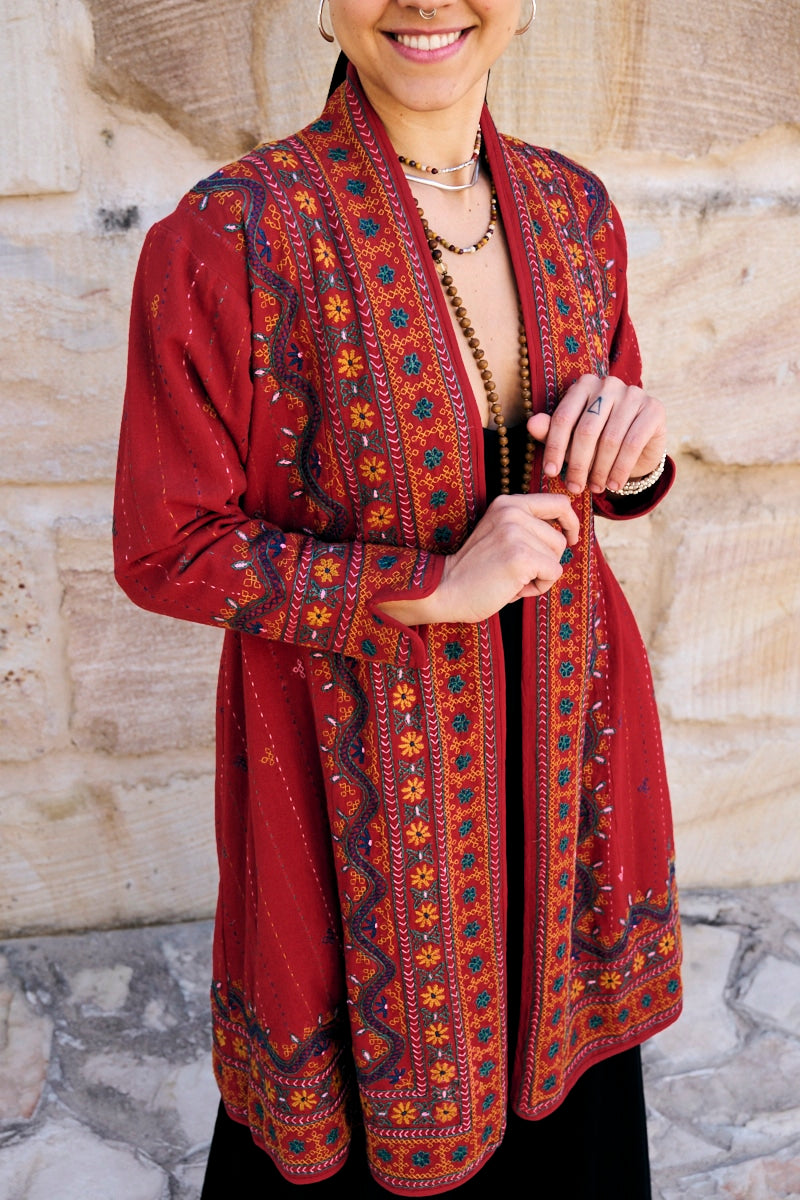 Womens Persian Luxe Coat, hand embroidered, red cranberry