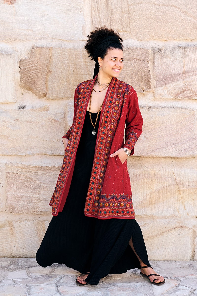 Womens Persian Luxe Coat, hand embroidered, red cranberry