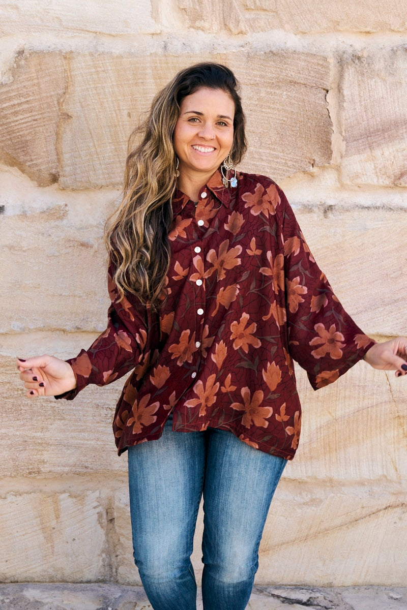 Womens, Vintage Sari Amira blouse - silk - rustic floral - Flores