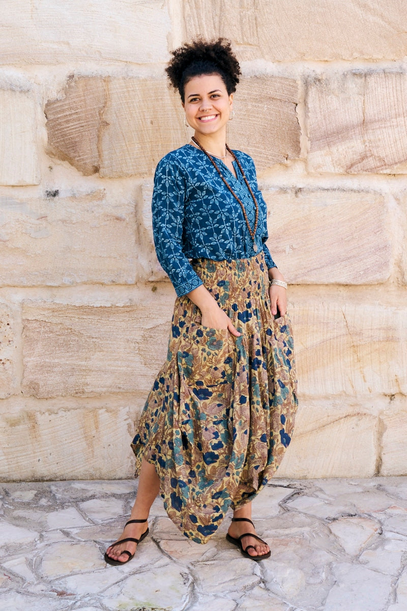 Womens, Coco Skirt In Autumn toned - Myridia and Mandalay blouse Indigo Rasa. 100% cotton, hand block print.