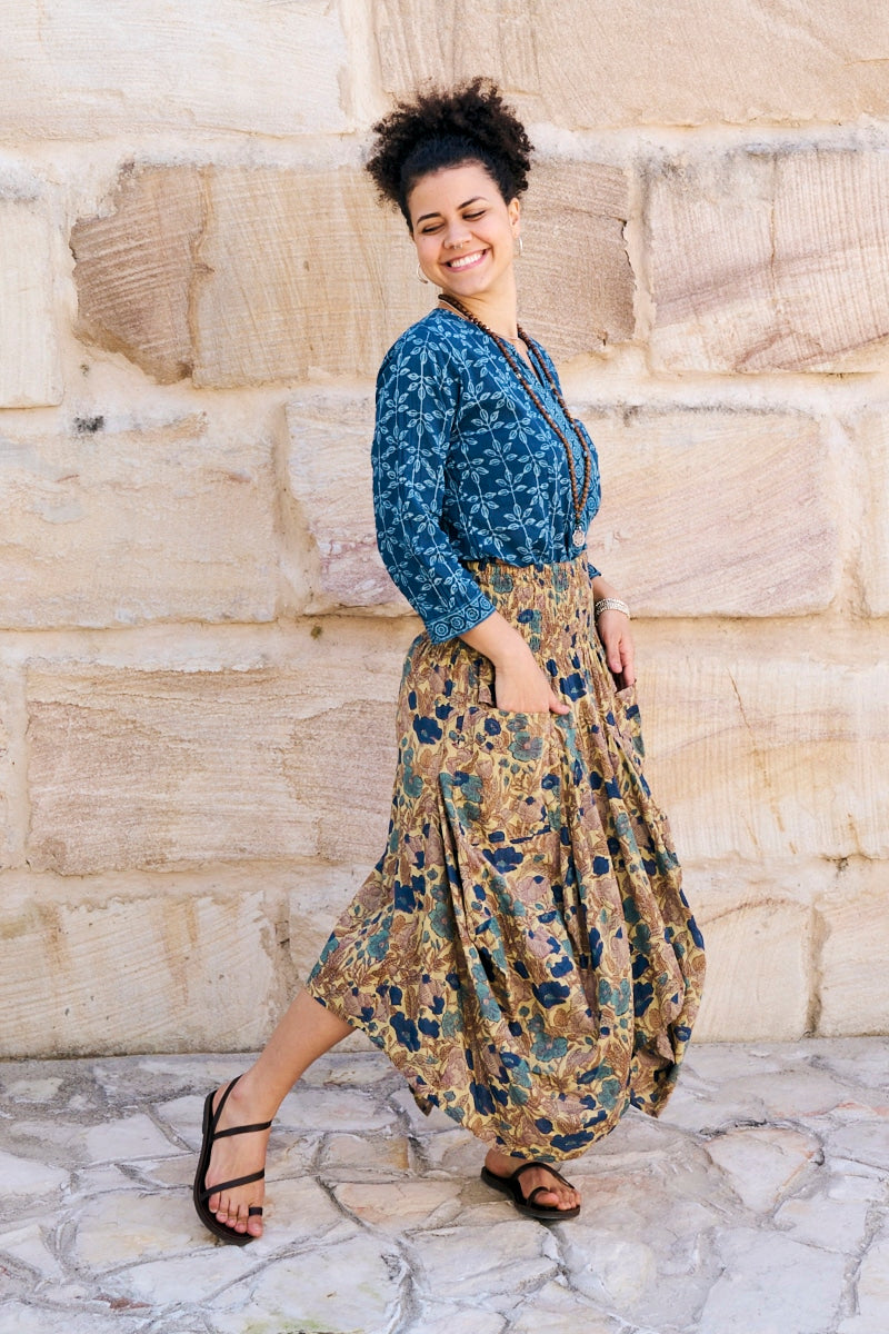 Womens, Coco Skirt In Autumn toned - Myridia and Mandalay blouse Indigo Rasa. 100% cotton, hand block print.