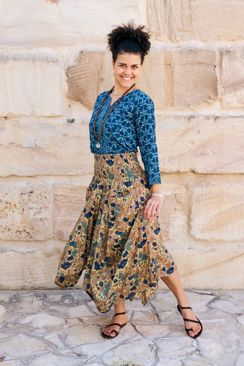 Womens, Coco Skirt In Autumn toned - Myridia and Mandalay blouse Indigo Rasa. 100% cotton, hand block print.