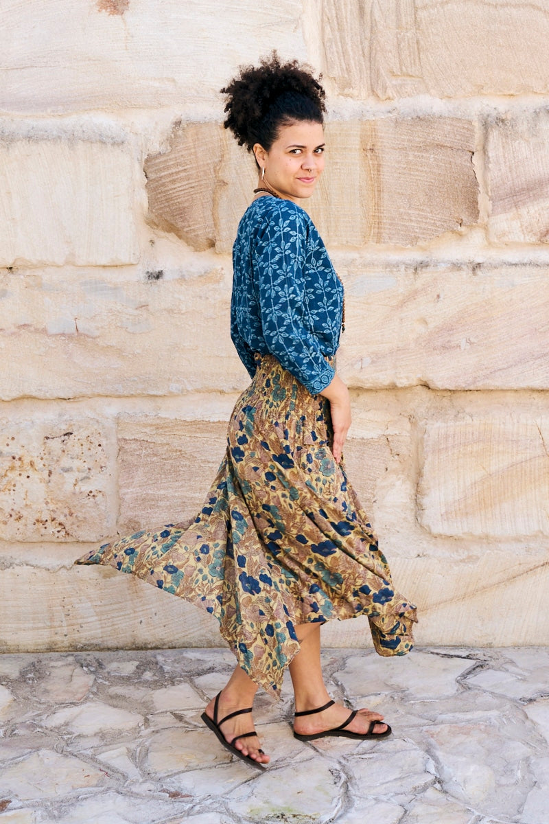 Womens, Coco Skirt In Autumn toned - Myridia and Mandalay blouse Indigo Rasa. 100% cotton, hand block print.