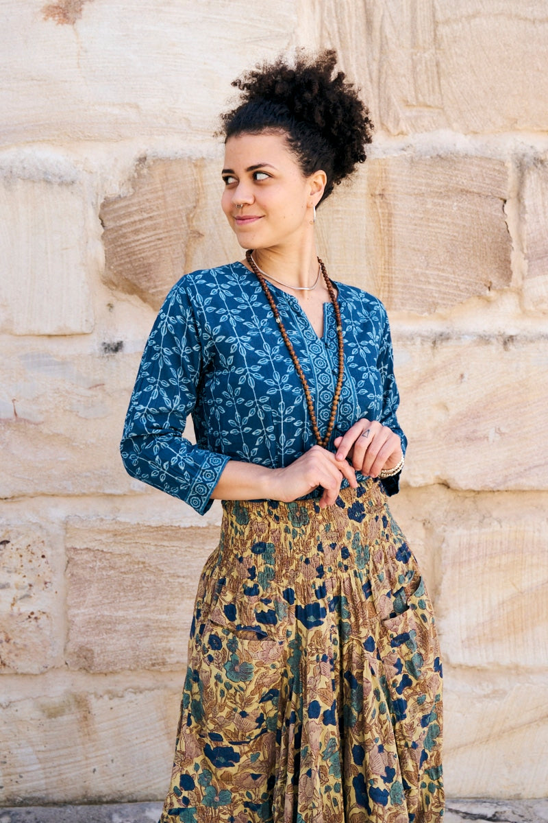 Womens, Coco Skirt In Autumn toned - Myridia and Mandalay blouse Indigo Rasa. 100% cotton, hand block print.