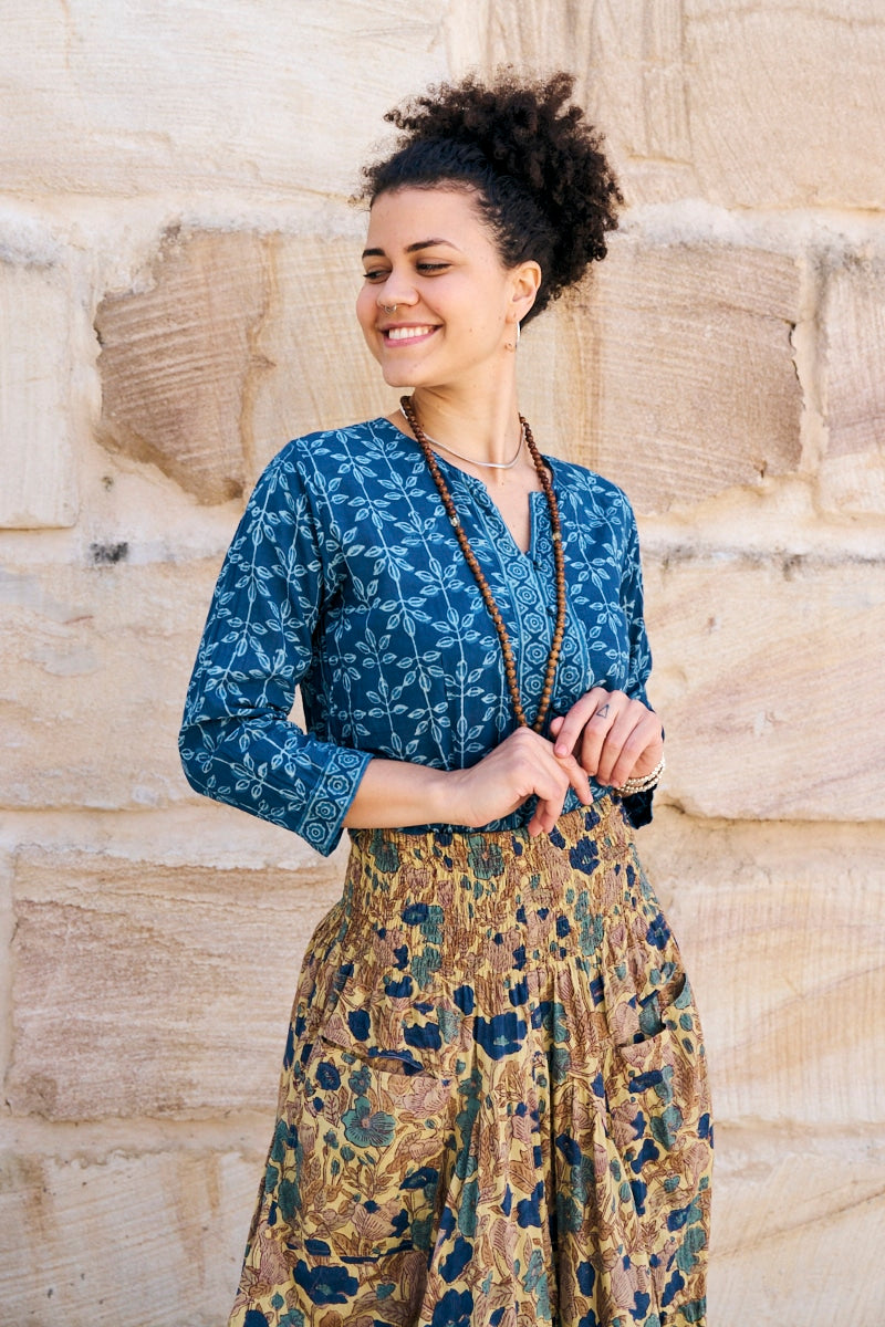 Womens, Coco Skirt In Autumn toned - Myridia and Mandalay blouse Indigo Rasa. 100% cotton, hand block print.