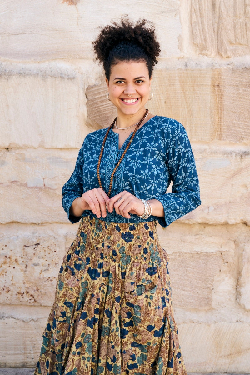 Womens, Coco Skirt In Autumn toned - Myridia and Mandalay blouse Indigo Rasa. 100% cotton, hand block print.