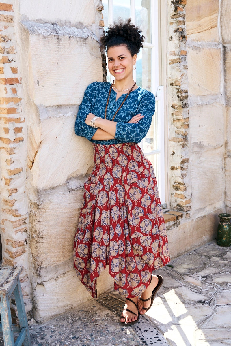 Womens, Coco Skirt In red Pomeray and Mandalay blouse in Indigo Rasa. 100% cotton, hand block print.