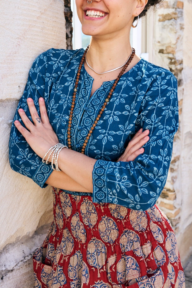 Womens, Coco Skirt In red Pomeray and Mandalay blouse in Indigo Rasa. 100% cotton, hand block print.