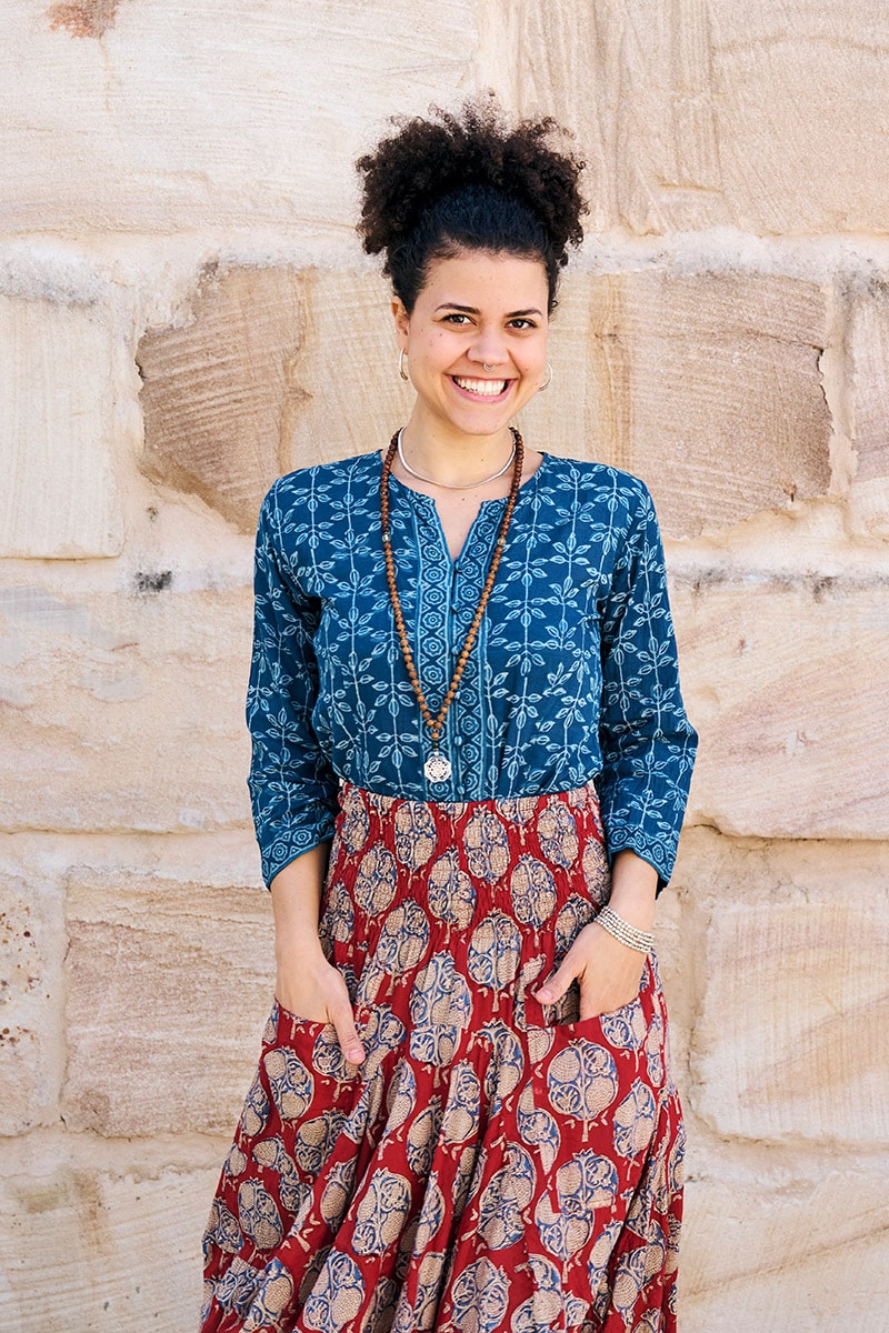 Womens, Coco Skirt In red Pomeray and Mandalay blouse in Indigo Rasa. 100% cotton, hand block print.