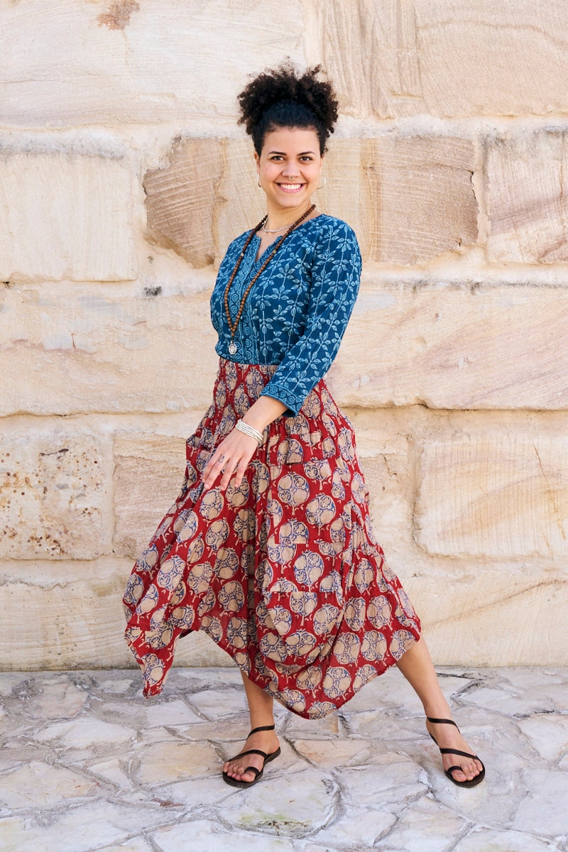 Womens, Coco Skirt In red Pomeray and Mandalay blouse in Indigo Rasa. 100% cotton, hand block print.