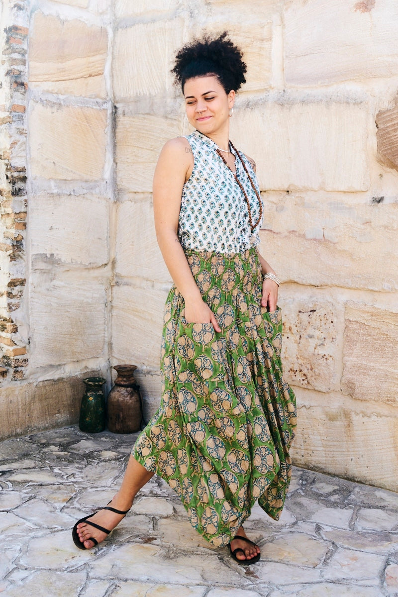Womens, Coco Skirt in vibrant green Edentree & Tagai Top Rhapsody. 100% cotton, hand block print.