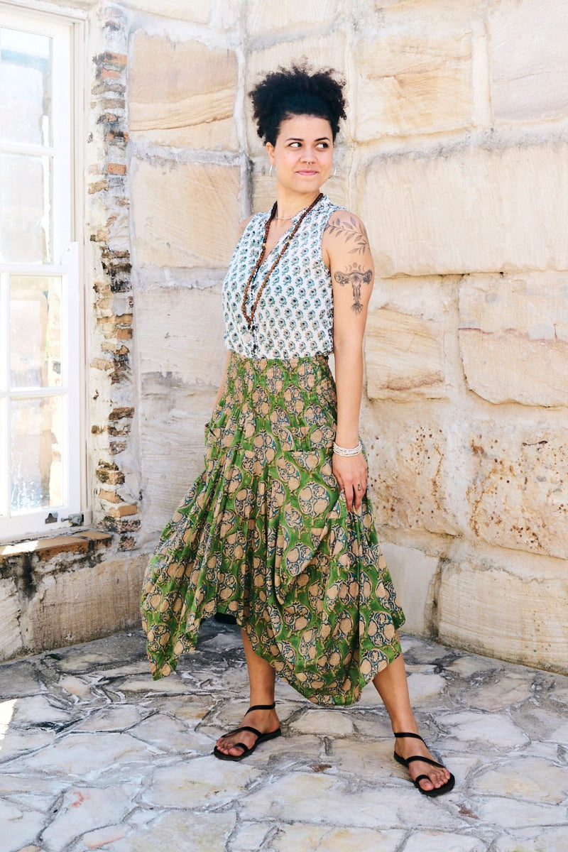 Womens, Coco Skirt in vibrant green Edentree & Tagai Top Rhapsody. 100% cotton, hand block print.