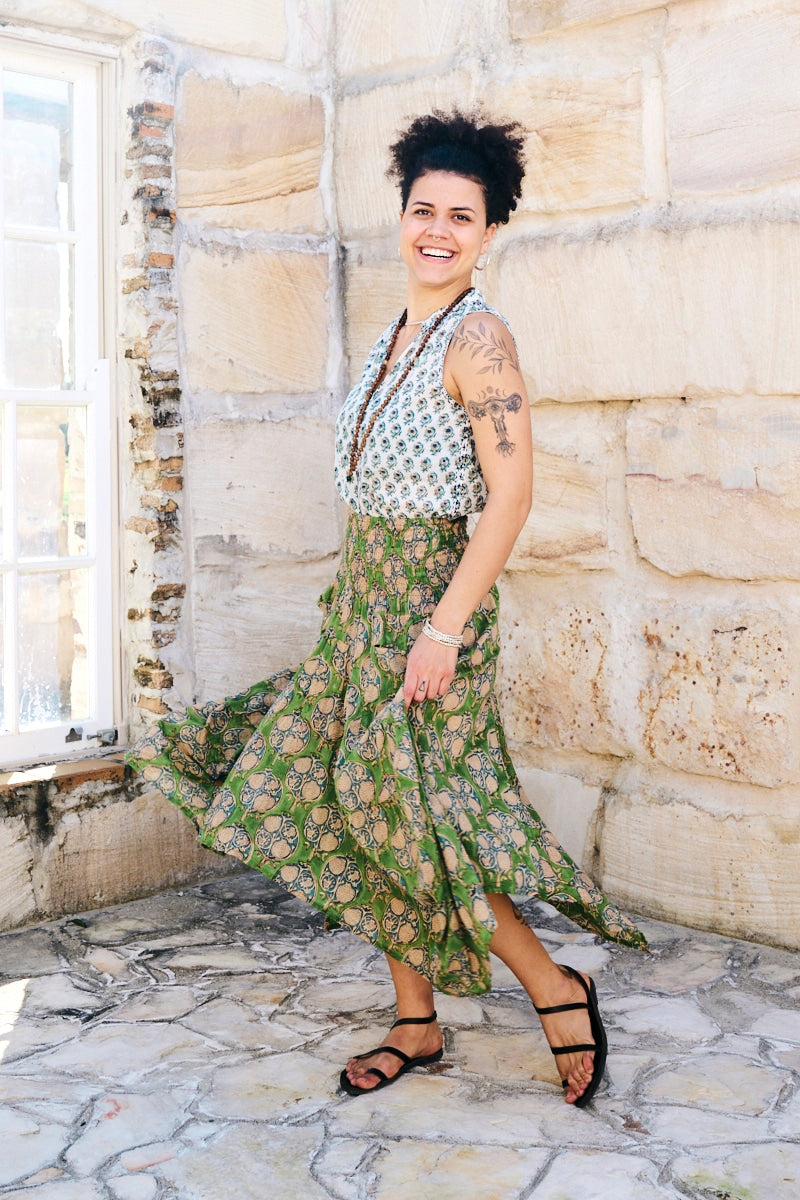 Womens, Coco Skirt in vibrant green Edentree & Tagai Top Rhapsody. 100% cotton, hand block print.