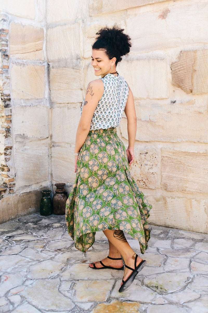 Womens, Coco Skirt in vibrant green Edentree & Tagai Top Rhapsody. 100% cotton, hand block print.