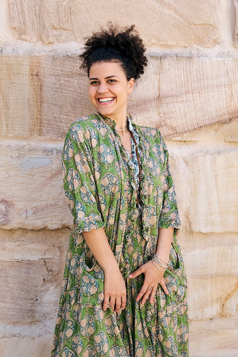 Womens, Coco Skirt and Shimla Coat in vibrant green Edentree & Tagai Top Rhapsody. 100% cotton, hand block print.