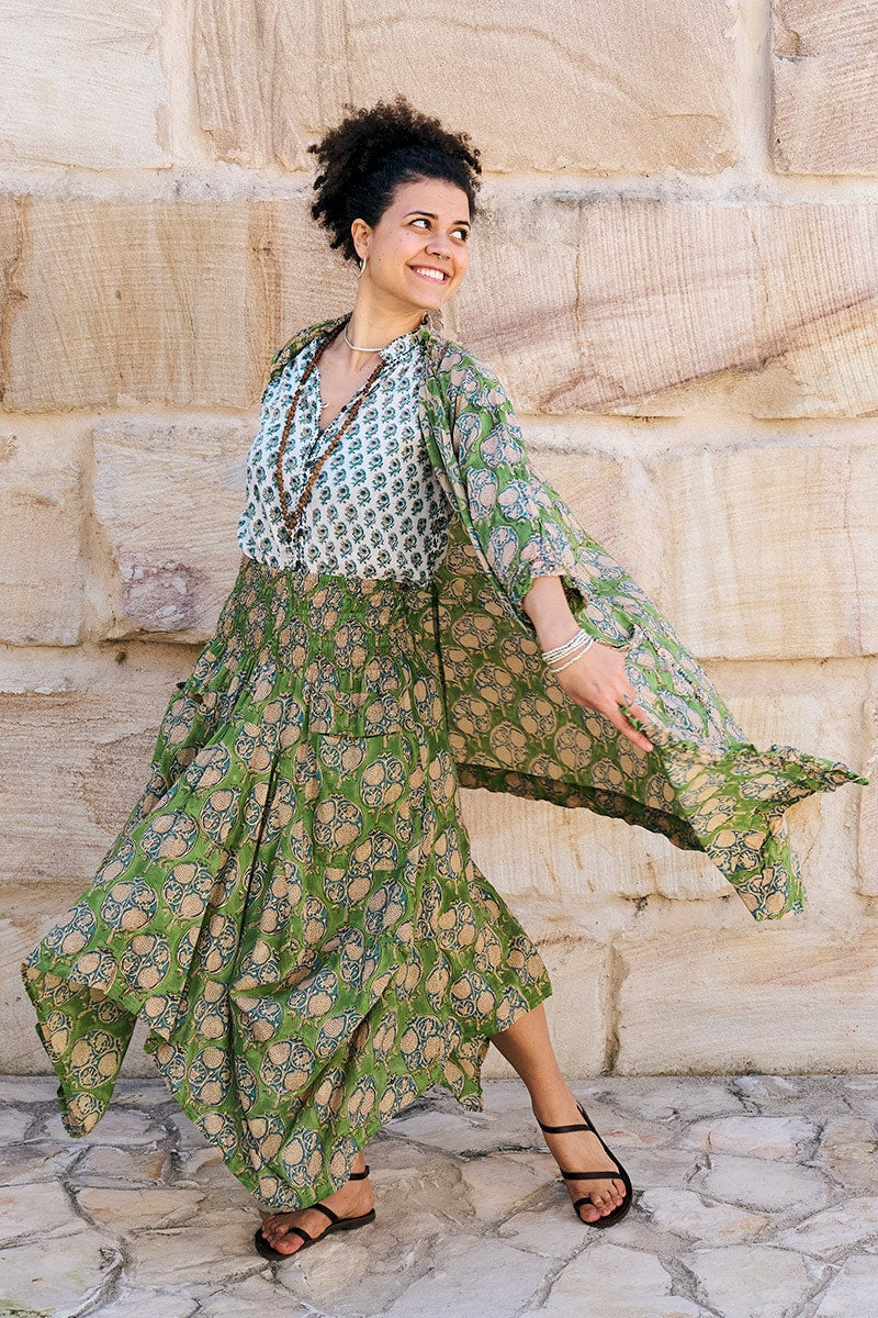 Womens, Coco Skirt and Shimla Coat in vibrant green Edentree & Tagai Top Rhapsody. 100% cotton, hand block print.