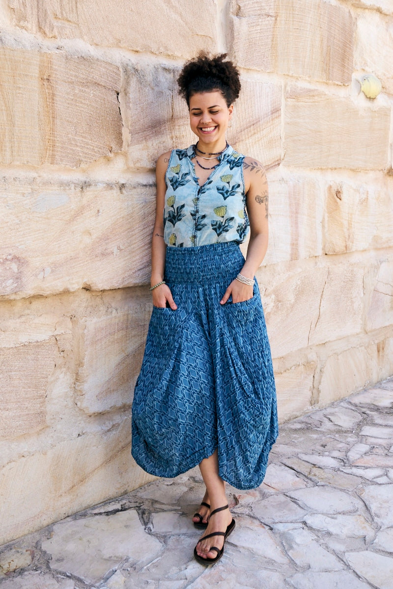 Womens, Coco Skirt In Indigo Tala and Tagai top in Naspal Tulip. 100% cotton, hand block print.