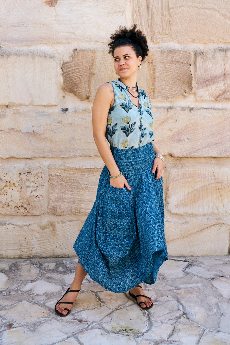 Womens, Coco Skirt In Indigo Tala and Tagai top in Naspal Tulip. 100% cotton, hand block print.