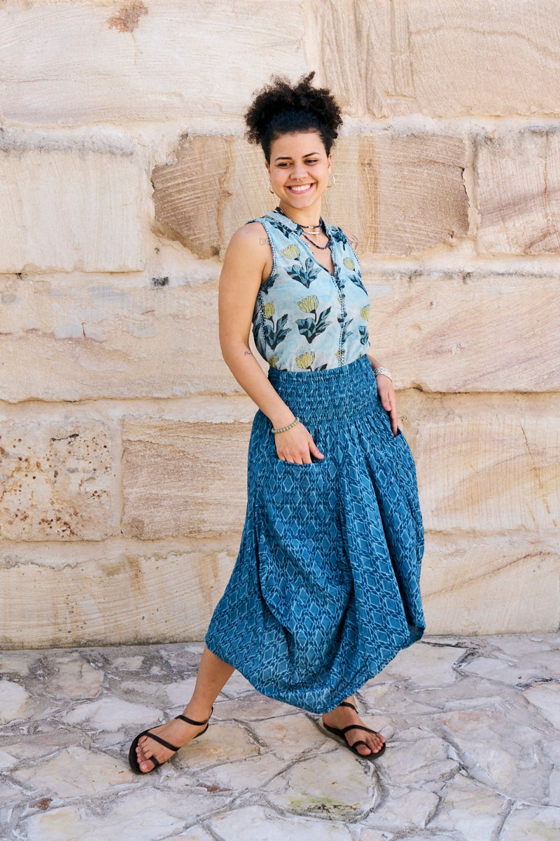 Womens, Coco Skirt In Indigo Tala and Tagai top in Naspal Tulip. 100% cotton, hand block print.