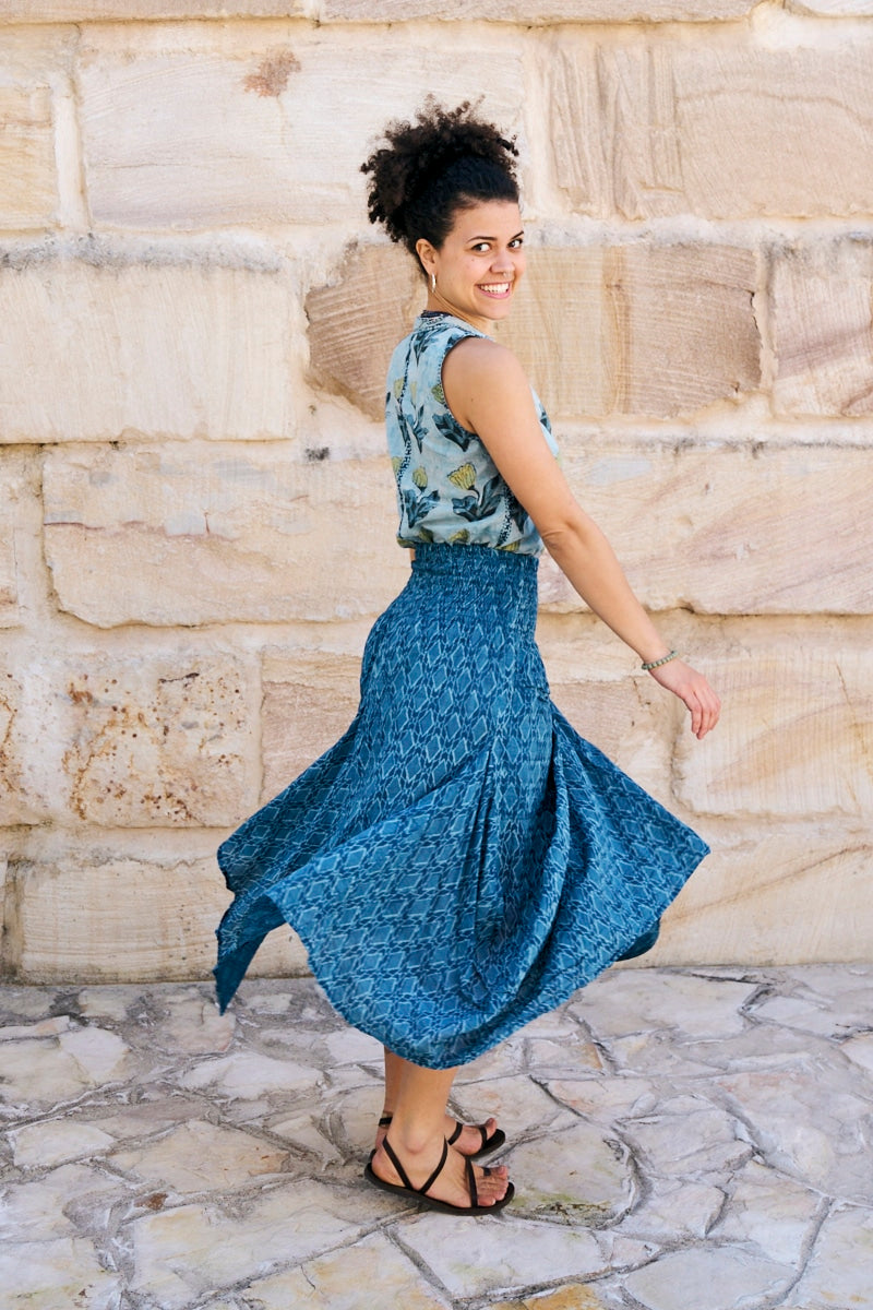 Womens, Coco Skirt In Indigo Tala and Tagai top in Naspal Tulip. 100% cotton, hand block print.