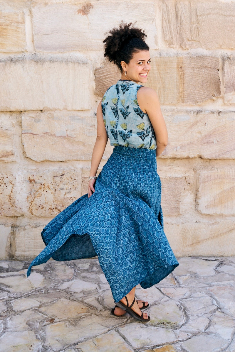 Womens, Coco Skirt In Indigo Tala and Tagai top in Naspal Tulip. 100% cotton, hand block print.