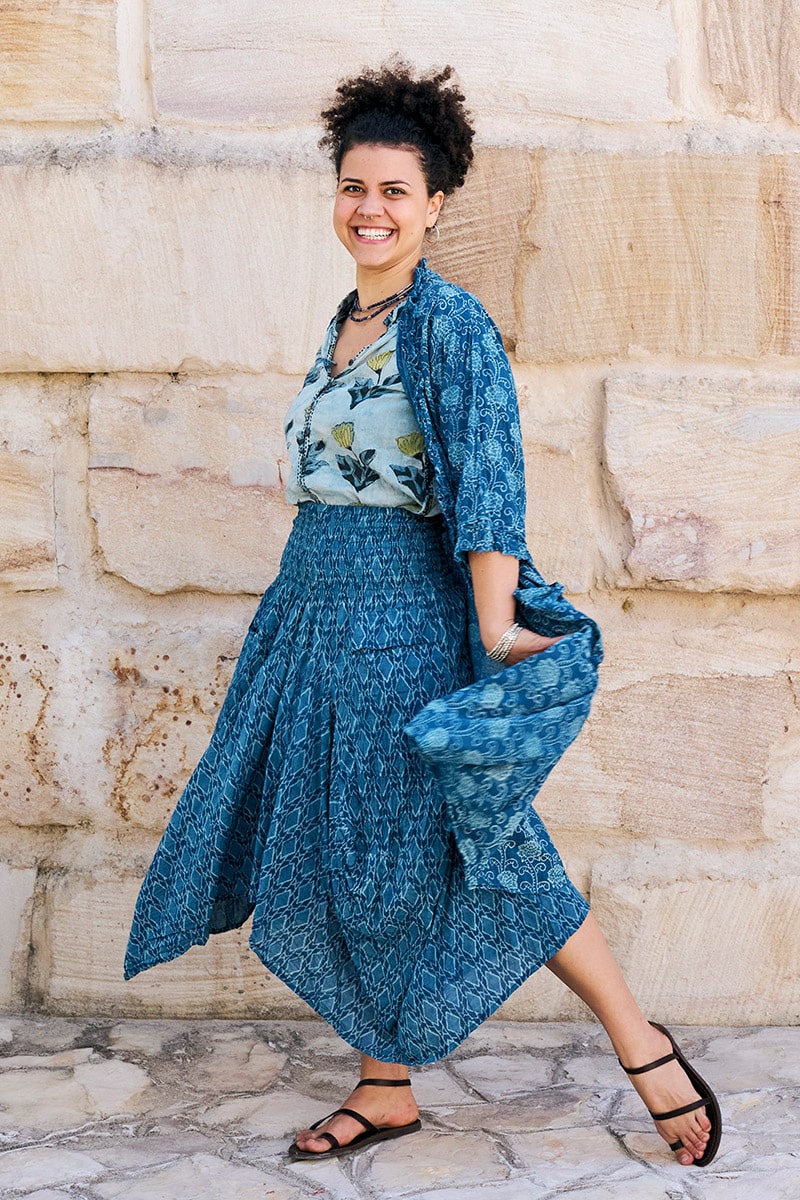 Womens, Coco Skirt In Indigo Tala and Tagai top in Naspal Tulip. 100% cotton, hand block print. Shimla Coat Indigo Lila