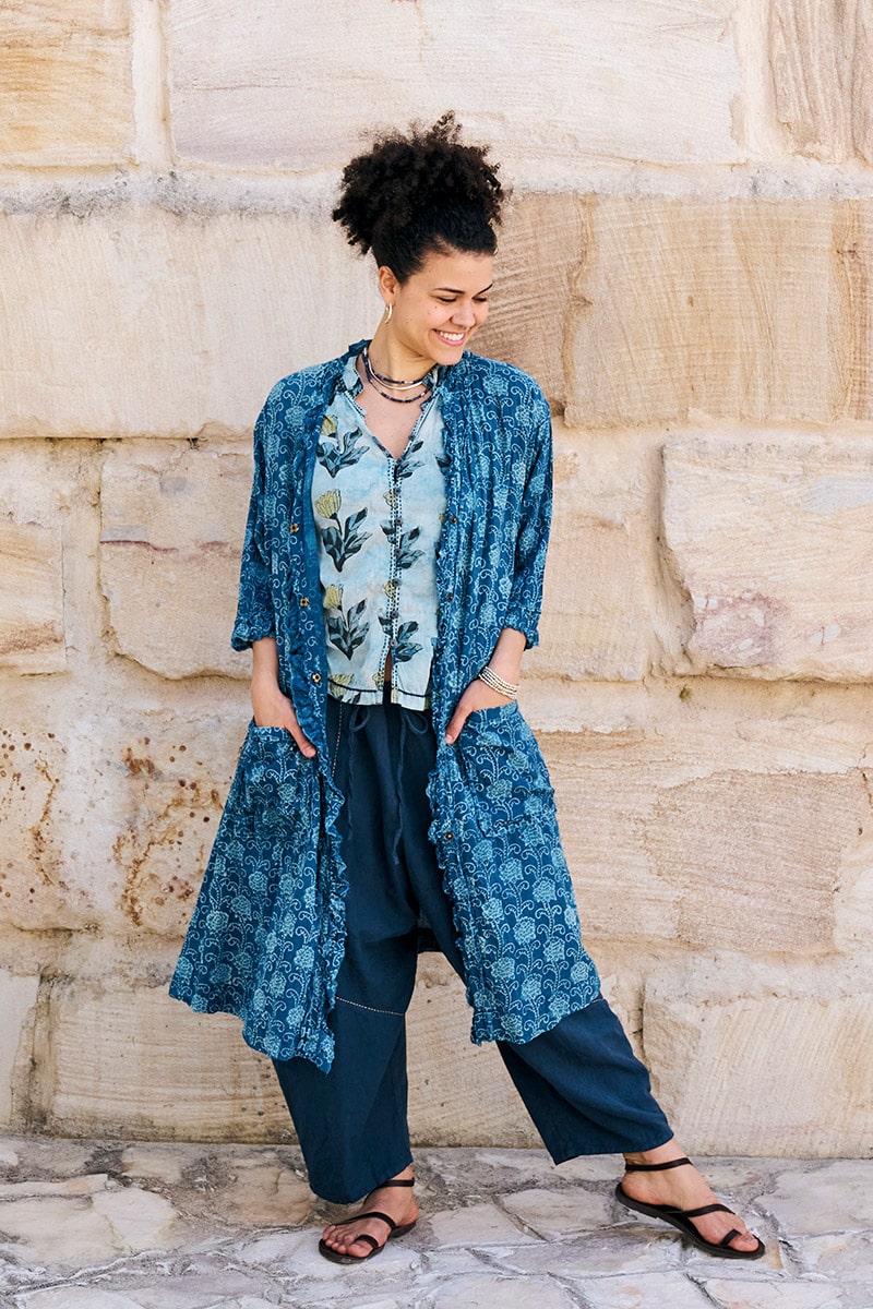 Womens, Sol Pants in Boho Blue and Tagai top in Naspal Tulip. 100% cotton, hand block print. Shimla Coat Indigo Lila