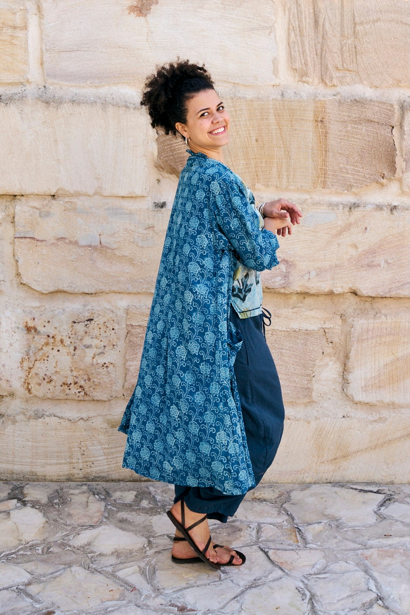 100% cotton, hand block print. In natural Indigo Lila print.