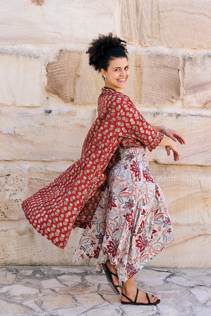 Womens, Coco Skirt In Roshan Sita Tunic in Rustic Red and Shimla Coat in Kalika. 100% cotton, hand block print.