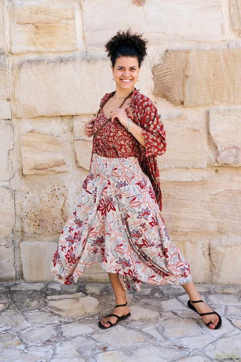 Womens, Coco Skirt In Roshan Sita Tunic in Rustic Red and Shimla Coat in Kalika. 100% cotton, hand block print.