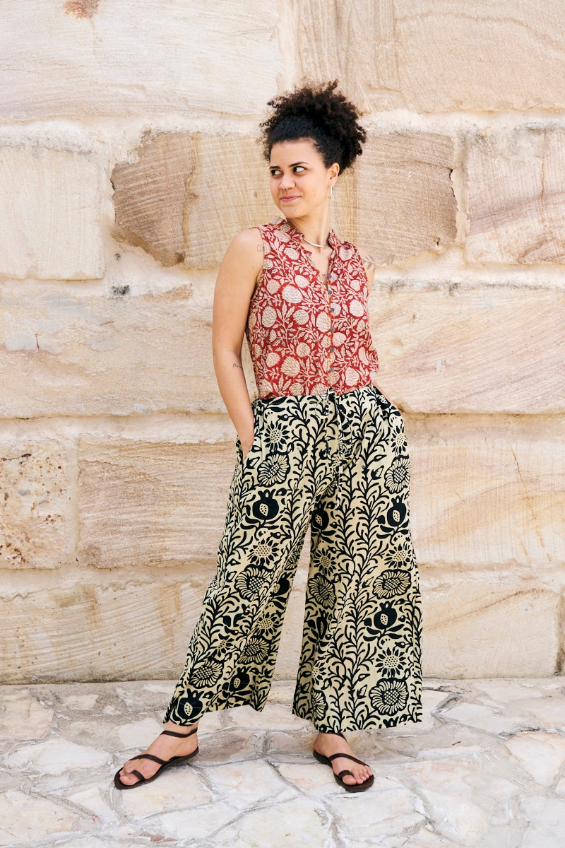 Womens, Florentis Culottes and Tagai Blouse, 100% cotton, hand block prints, in black and sepia Noctara and rustic red Jivana