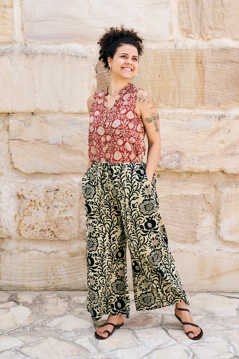 Womens, Florentis Culottes and Tagai Blouse, 100% cotton, hand block prints, in black and sepia Noctara and rustic red Jivana