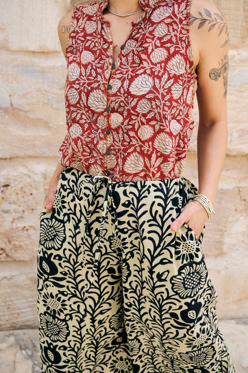 Womens, Florentis Culottes and Tagai Blouse, 100% cotton, hand block prints, in black and sepia Noctara and rustic red Jivana