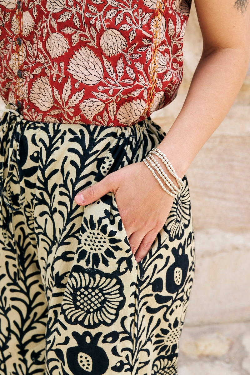 Womens, Florentis Culottes and Tagai Blouse, 100% cotton, hand block prints, in black and sepia Noctara and rustic red Jivana
