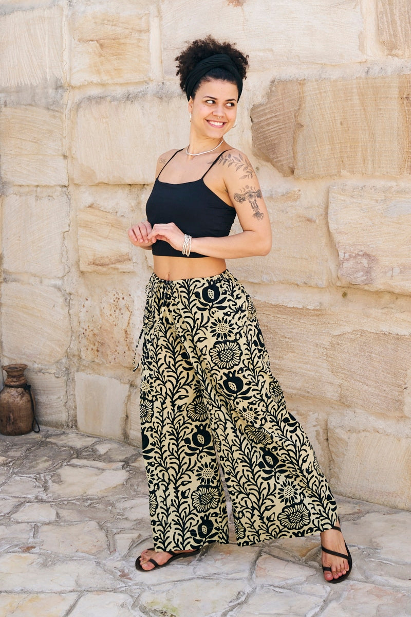 Womens, Florentis Culottes, 100% cotton, hand block prints, in black and sepia - Noctara