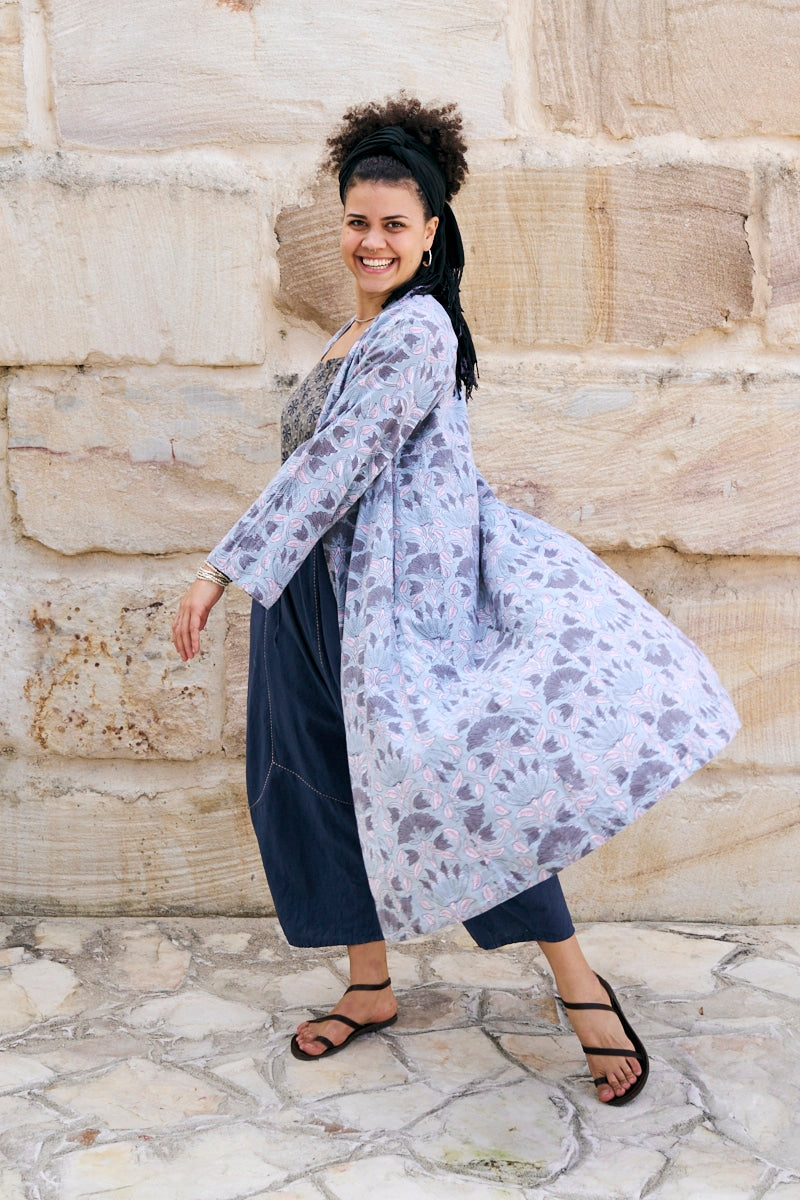 Womens, Tula Coat in Kamala, Sol Pants in Boho Blue and Lola Top in Dandelion. 100% cotton, hand block print.