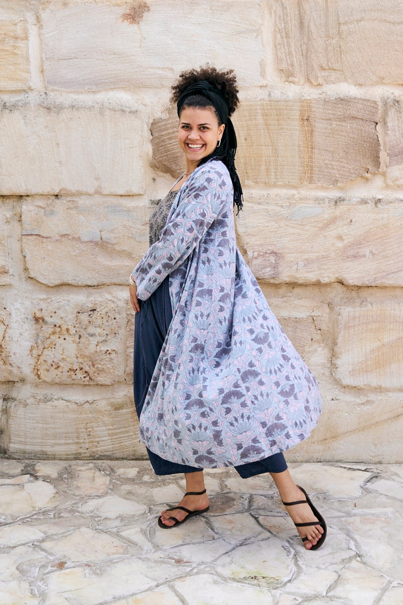 Womens, Tula Coat in Kamala, Sol Pants in Boho Blue and Lola Top in Dandelion. 100% cotton, hand block print.