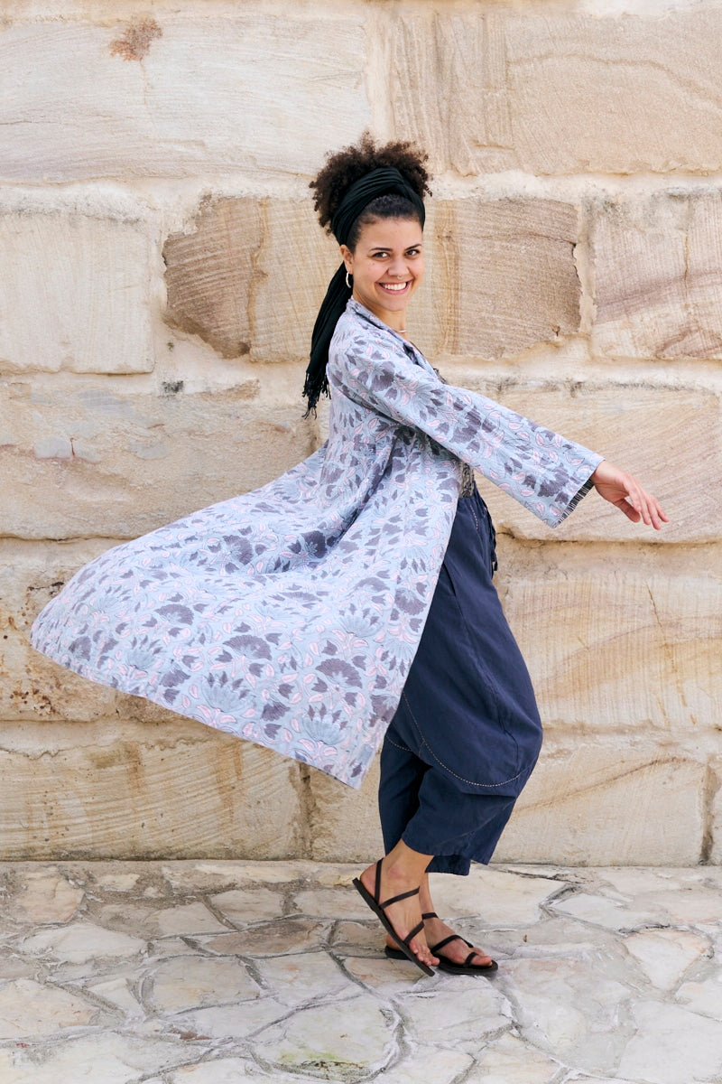 Womens, Tula Coat in Kamala, Sol Pants in Boho Blue and Lola Top in Dandelion. 100% cotton, hand block print.