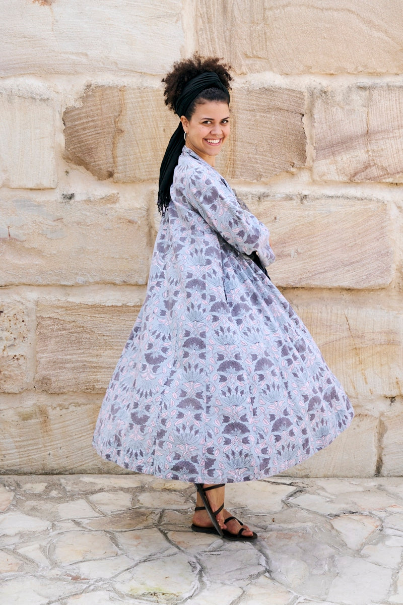 Womens, Tula Coat in Kamala, Sol Pants in Boho Blue and Lola Top in Dandelion. 100% cotton, hand block print.