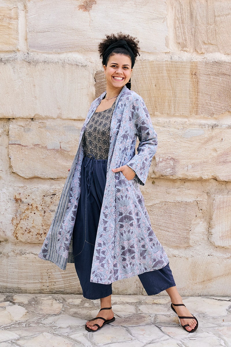 Womens, Tula Coat in Kamala, Sol Pants in Boho Blue and Lola Top in Dandelion. 100% cotton, hand block print.